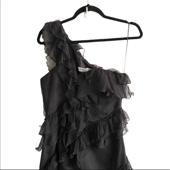 AMUR Harlow Silk One-Shoulder Ruffle Sheer Maxi Dress Black 2 - Picture 13 of 16